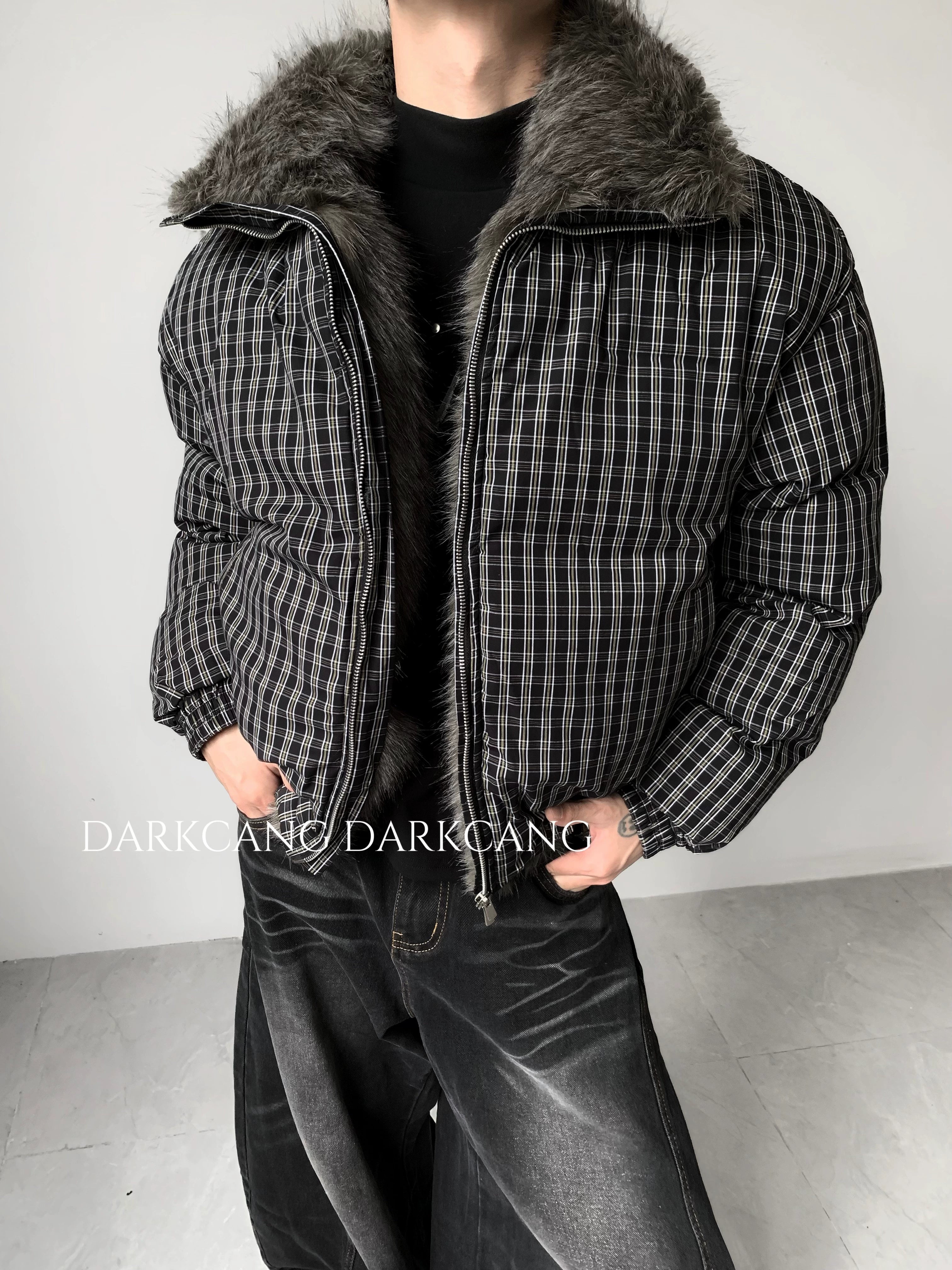 Light luxury warm big fur collar cleanfit seat mountain carving jacket men's padded cotton thickened short cotton clothes tide