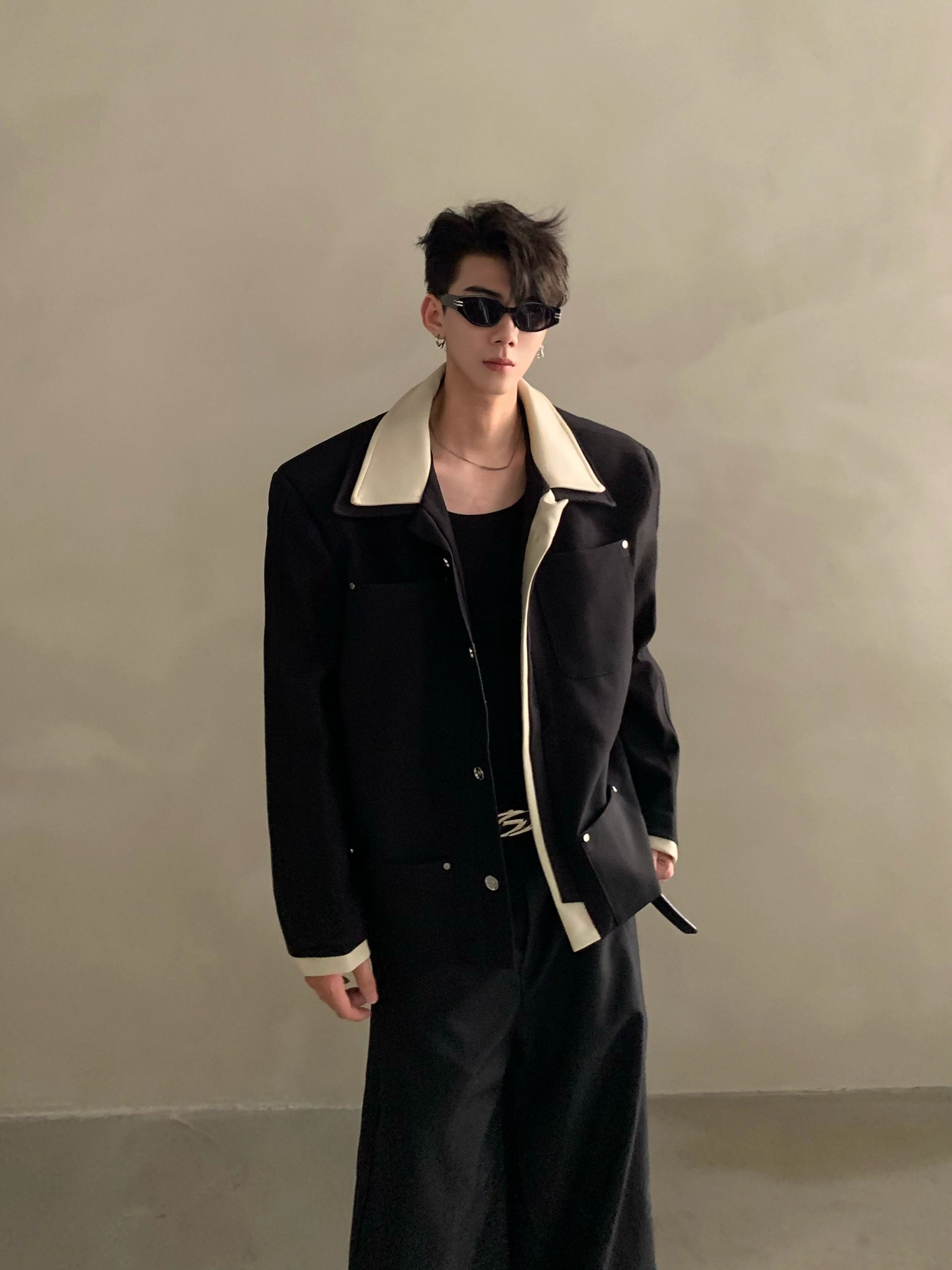 Niche light luxury high-end splicing lapel design casual jacket jacket men's ruffian handsome top tide