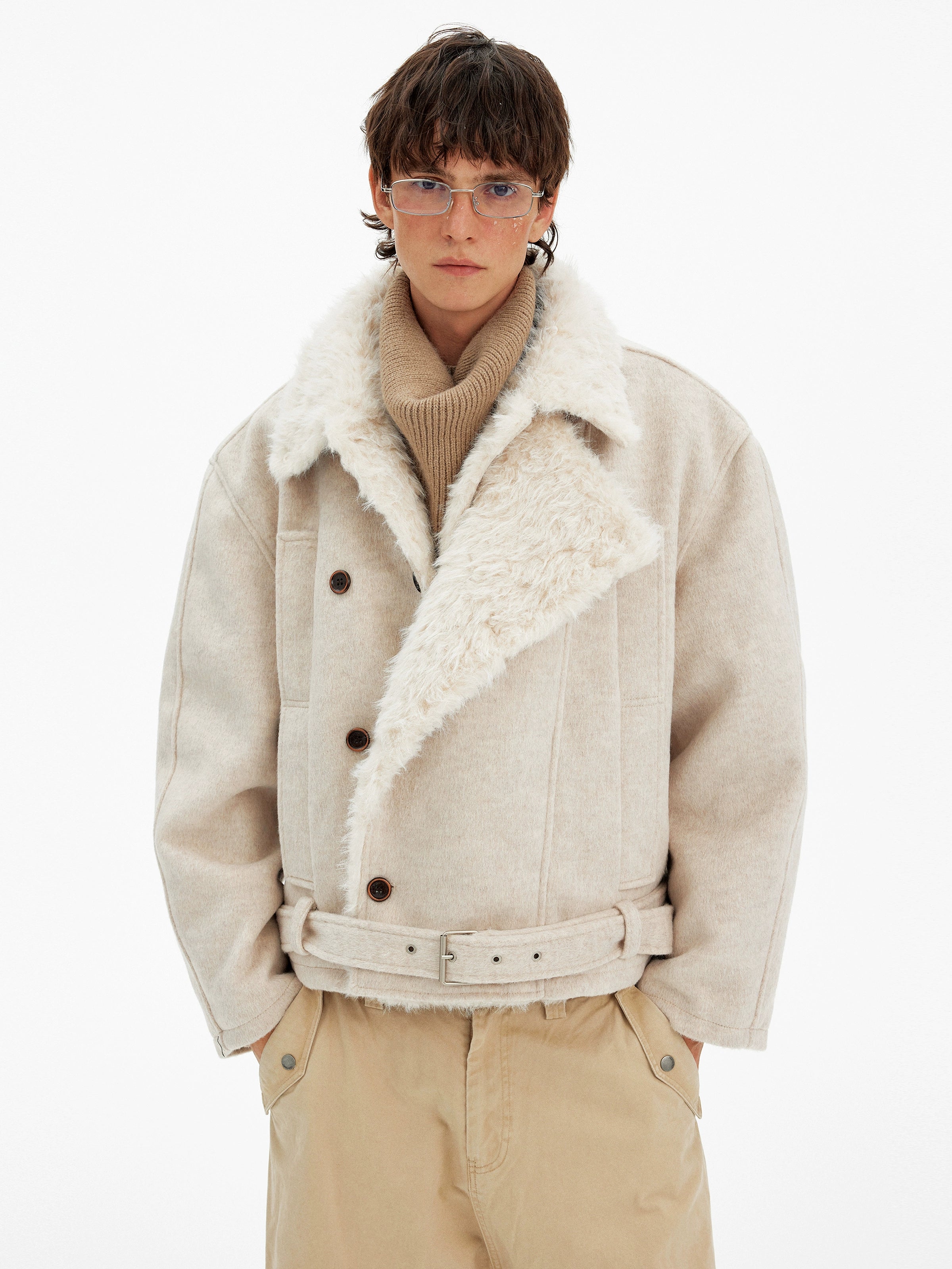 Vintage high-end double-breasted fur collar cotton clothes men's and women's winter casual wool blended warm jacket