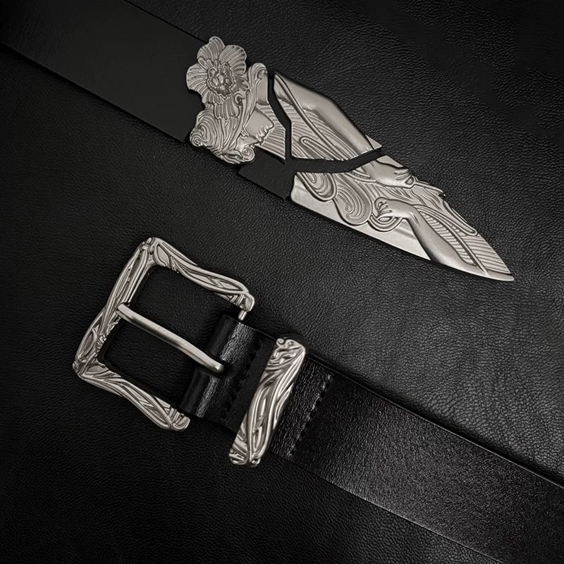 Imported cowhide broken sword cleanfit belt - men's designer niche leather belt