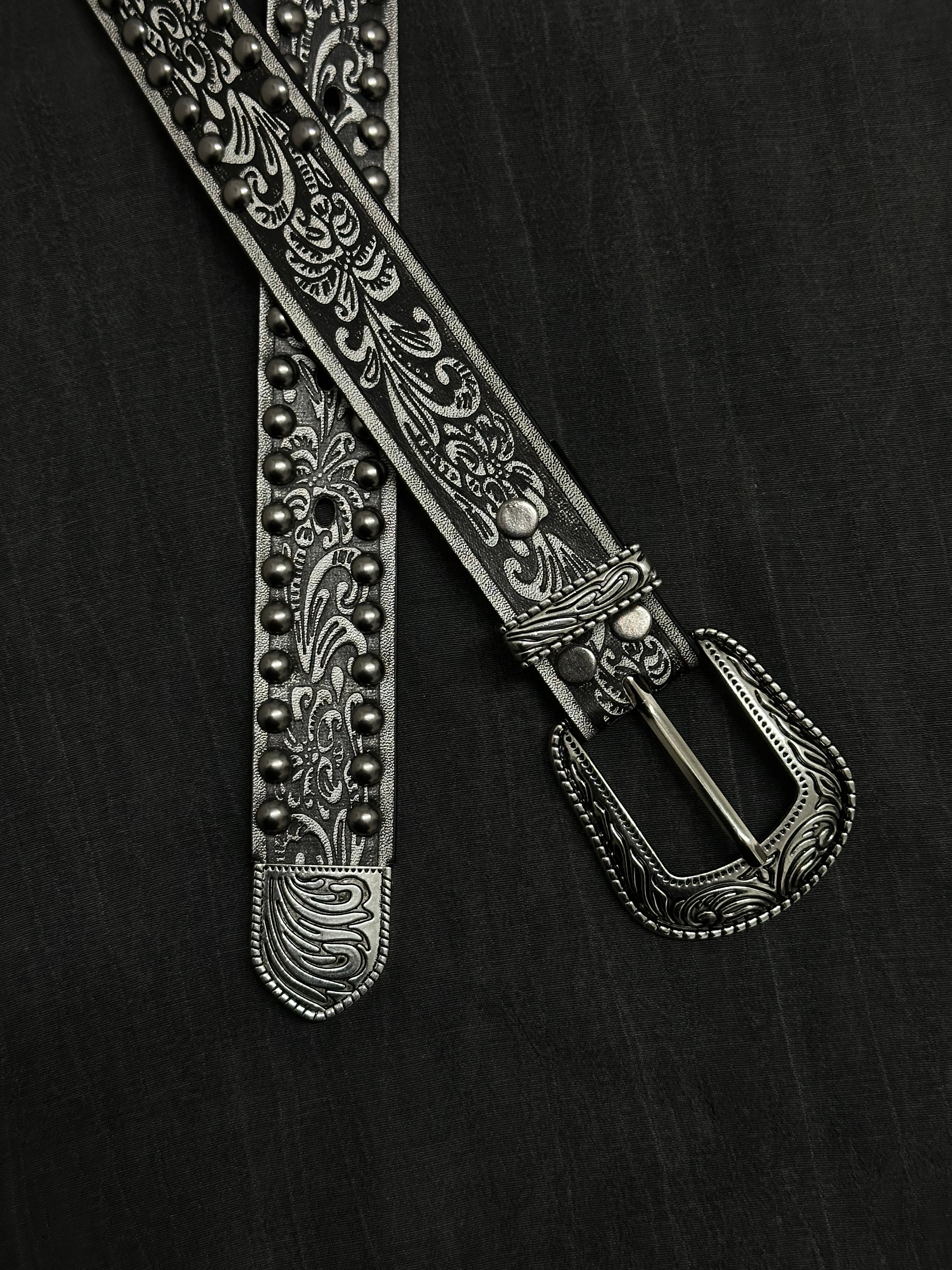 American retro silver distressed belt ins niche subculture men's pants with punk embossed rivet belt