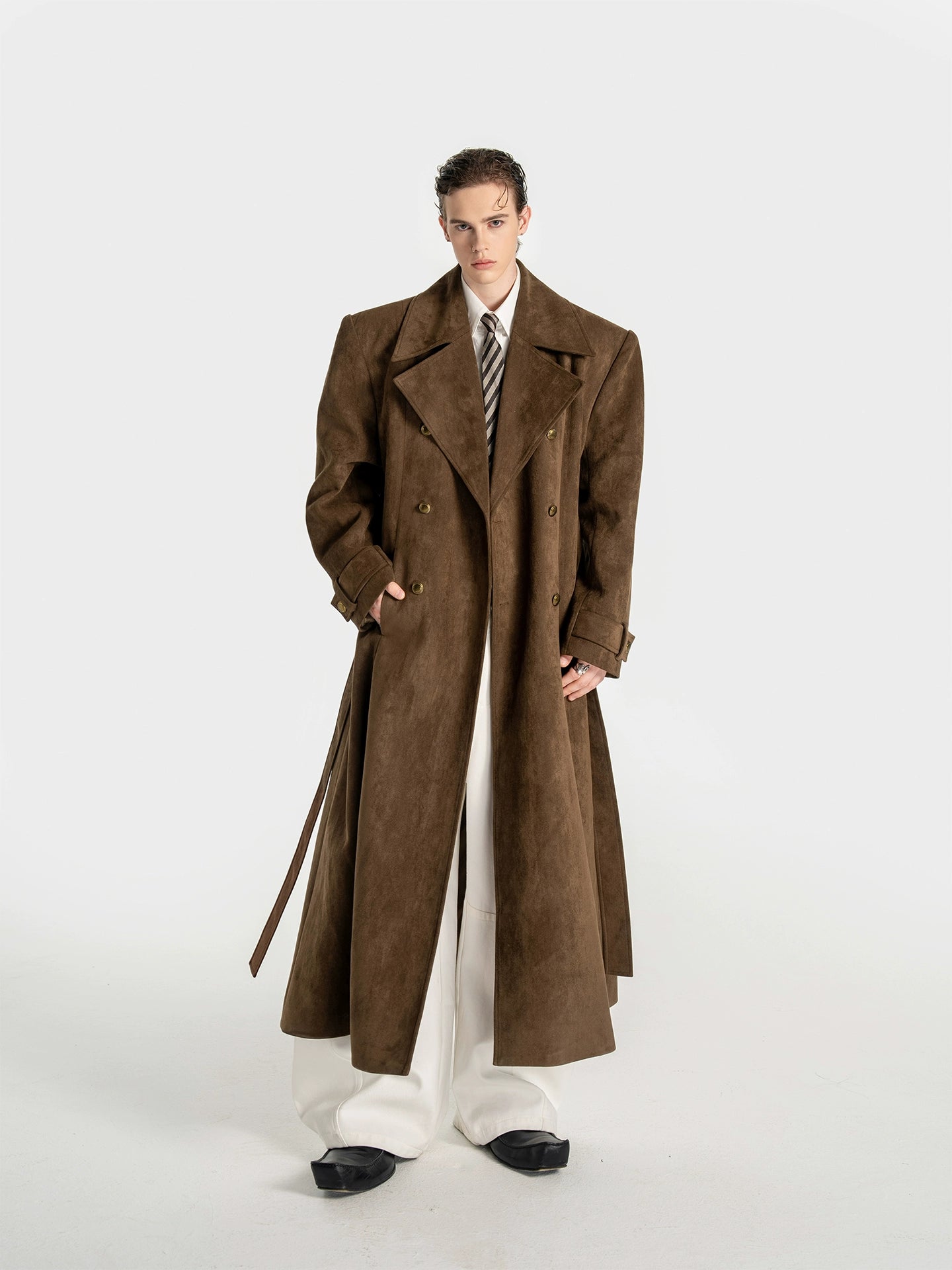 DBWDoublewin复古棕色麂皮直角宽肩长款气场大衣高级挺阔风衣外套