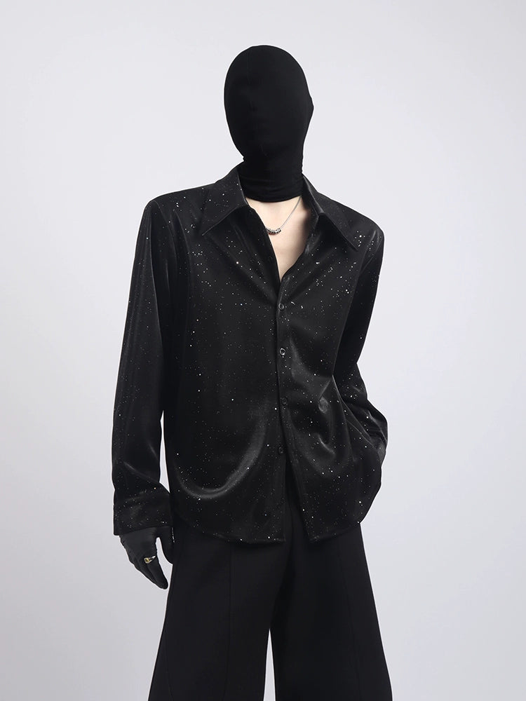 Black Clothes Premium Sense Niche Design Sequin Shirt Male Ruffian Handsome Fried Street Casual Long Sleeve Shirt