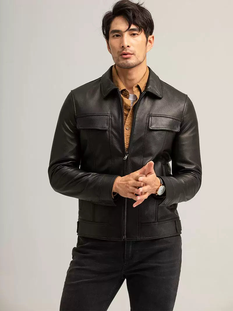 Three-dimensional tailoring k-style silm cotton goatskinjacket leather jacket men's genuine leather short lapel fall and winter sinclub4316