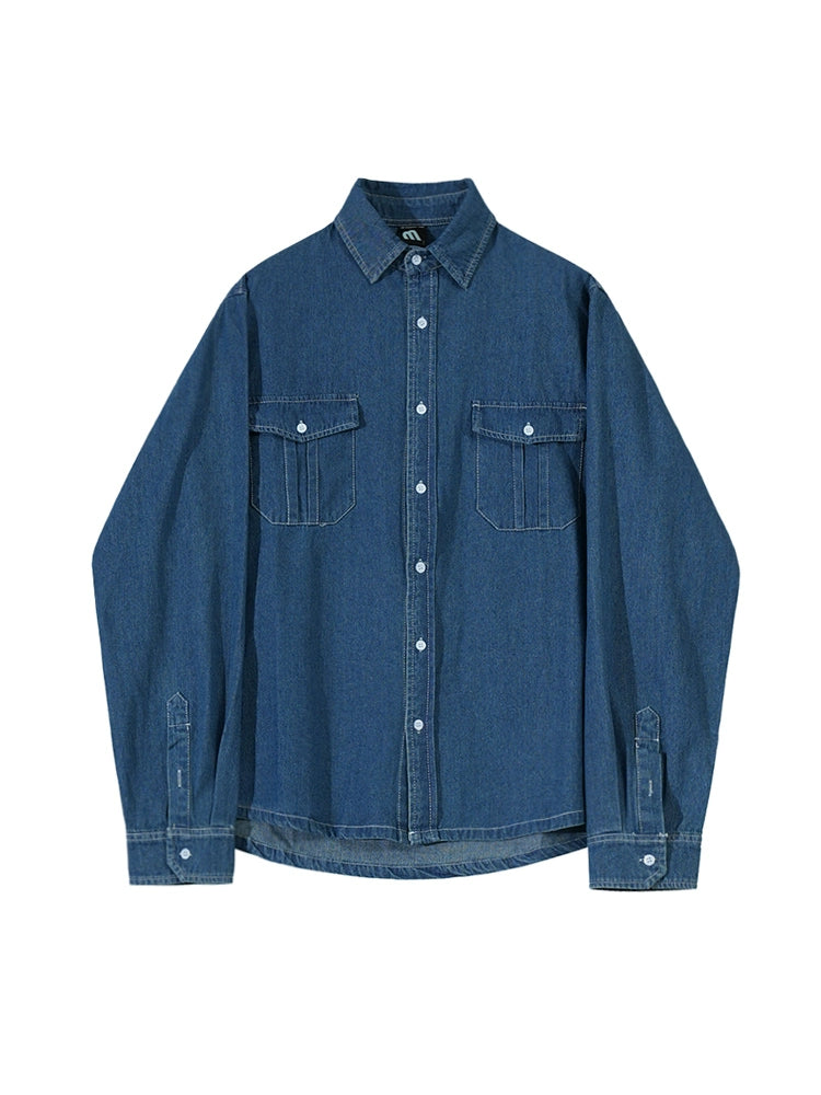 Retro denim long-sleeved shirt men's high-end Korean loose blue shirt tooling inch