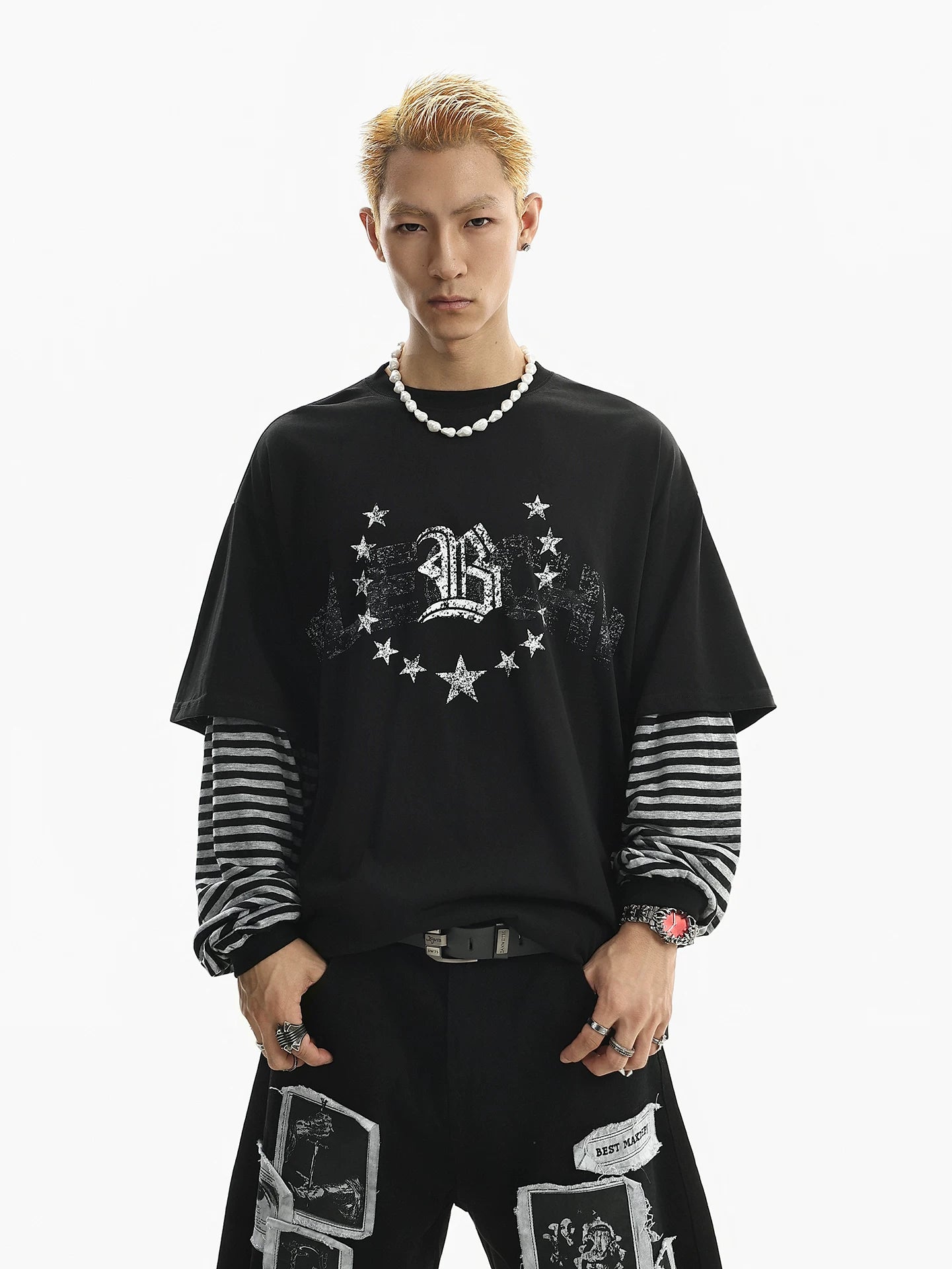 American style trendy star print striped long sleeve t-shirt for men - spring edition, edgy & relaxed fit, faux two-piece top   sinclub3116