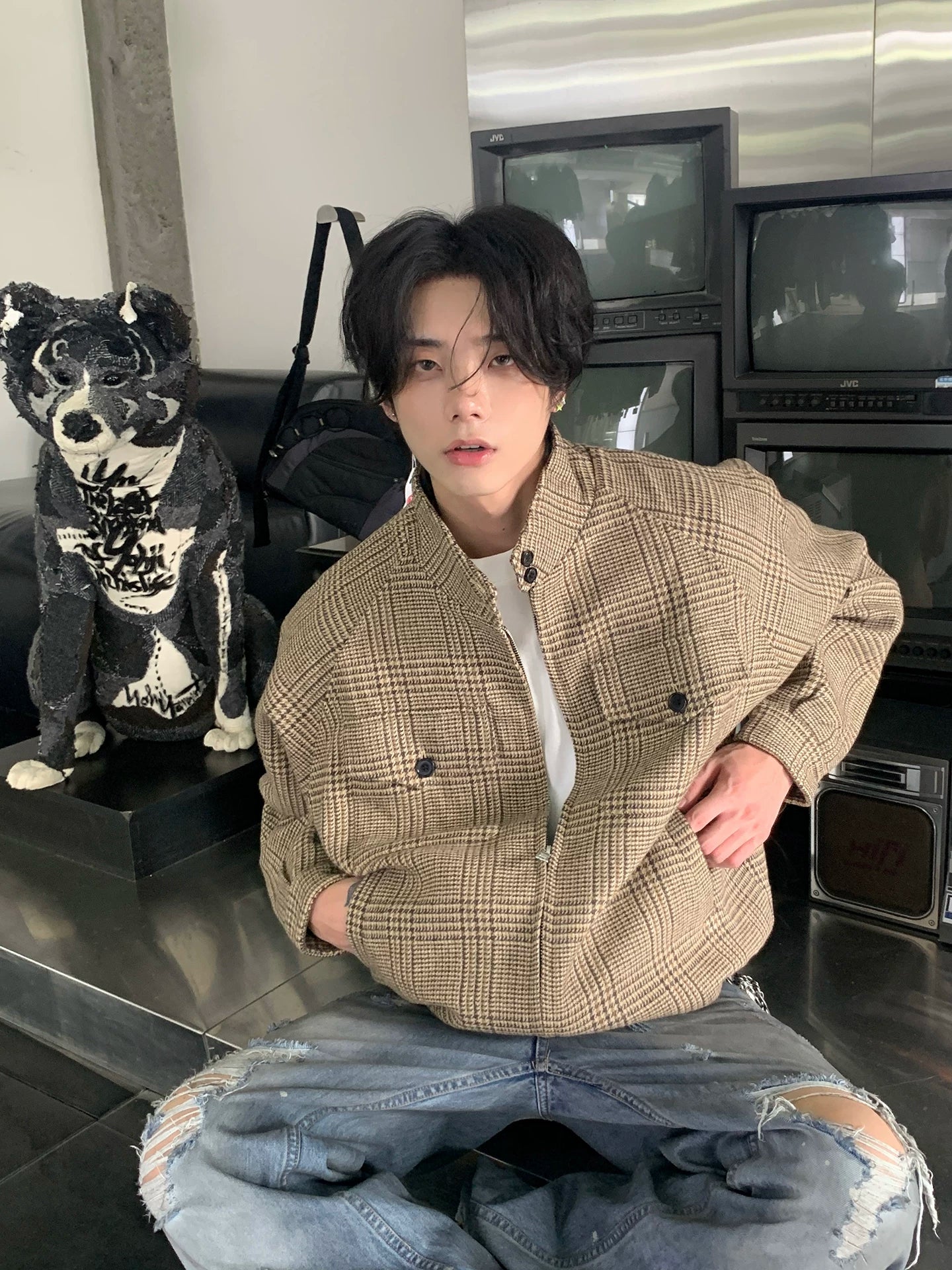 New prince of wales houndstooth outwear men's autumn spring retroclassy harrington jacket trendy   SIN072