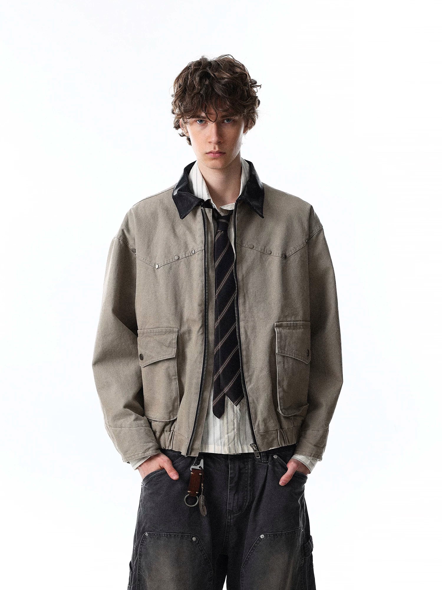 American retro patchwork color block turn-down collar workwear jacket  SIN057