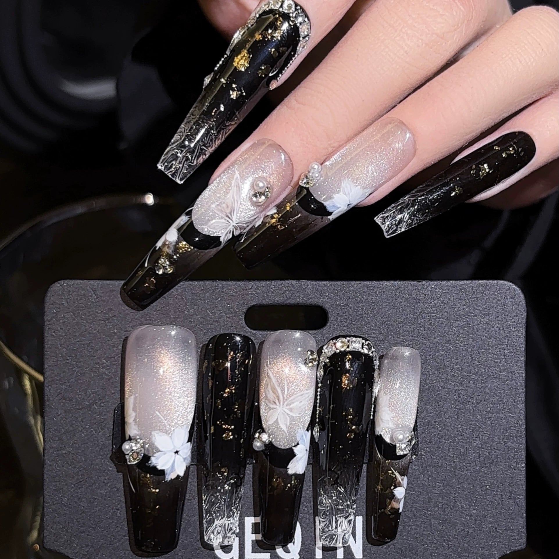 Athena, Old Money Black & Gold Press-On Nails, Icy Glass Translucent, Watercolor Marble, Hand-Painted Butterfly, Luxury Handmade Set