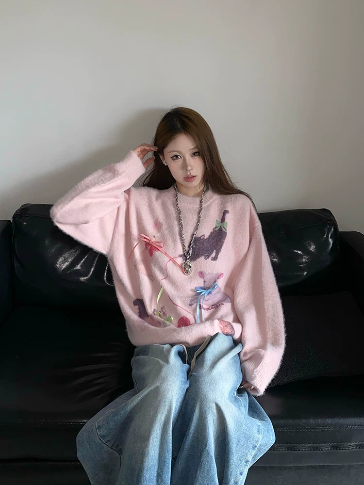 Fall and winter sweet and cool atmosphere imitation mink wool round neck pulloversweater women's looseknittingtops  XX5