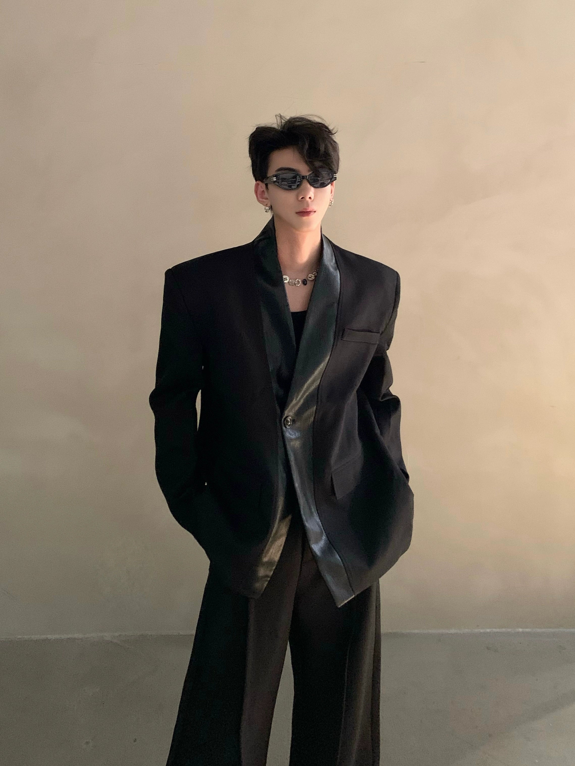 Autumn and winter black collarless suit splicing leather jacket profile shoulder pads light luxury ruffian handsome high-end jacket