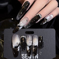 Athena, Old Money Black & Gold Press-On Nails, Icy Glass Translucent, Watercolor Marble, Hand-Painted Butterfly, Luxury Handmade Set