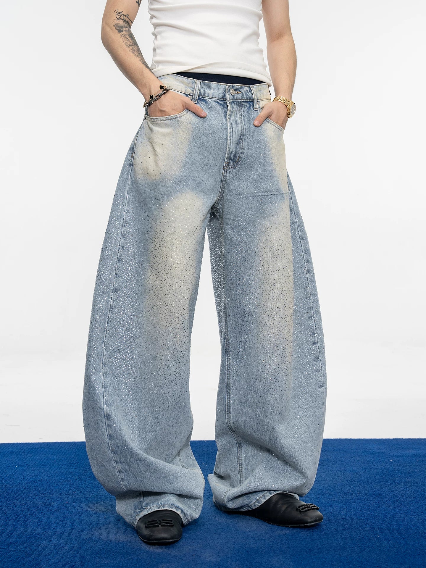 Heavy industry full diamond washed straight-legjeanseasiest for matchcasualloose wide legpantsmen sinclub6590