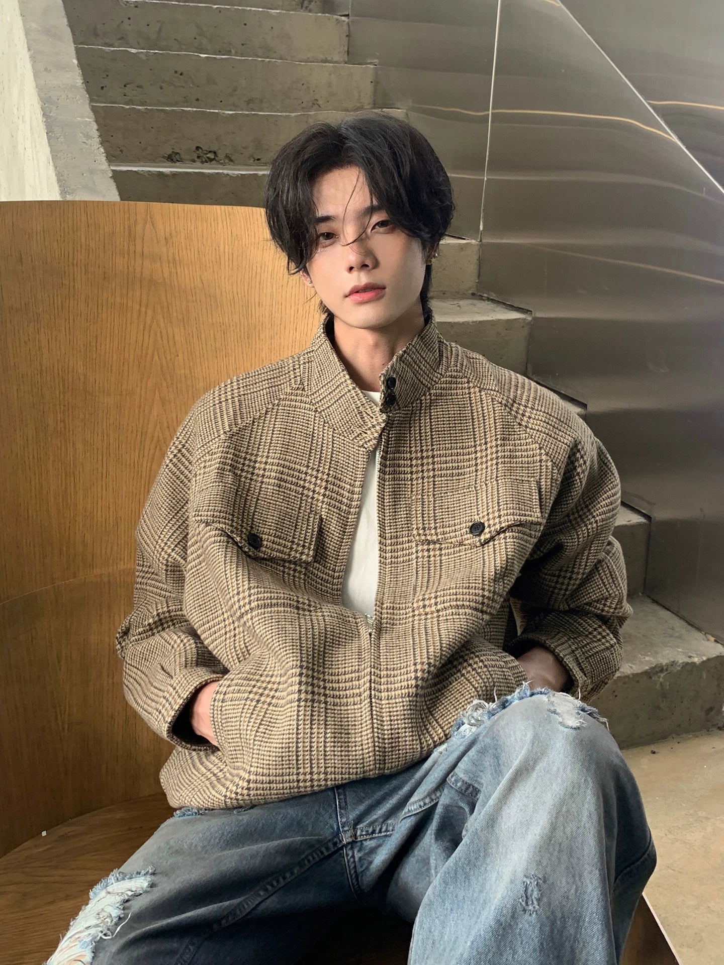 New prince of wales houndstooth outwear men's autumn spring retroclassy harrington jacket trendy   SIN072