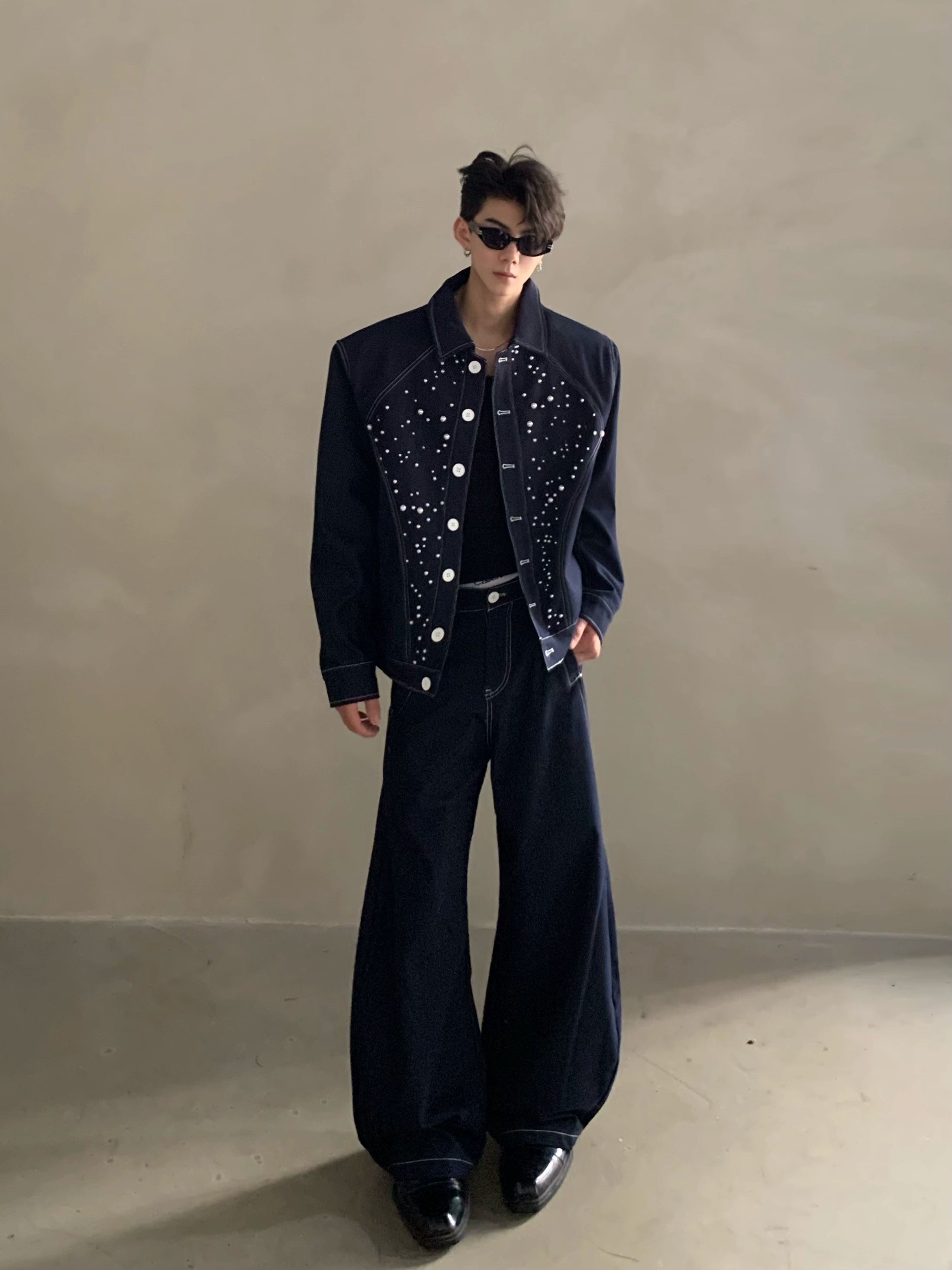 Niche high-end sense light luxury bright diamond pearl design denim jacket men's ruffian handsome fashion suit tide