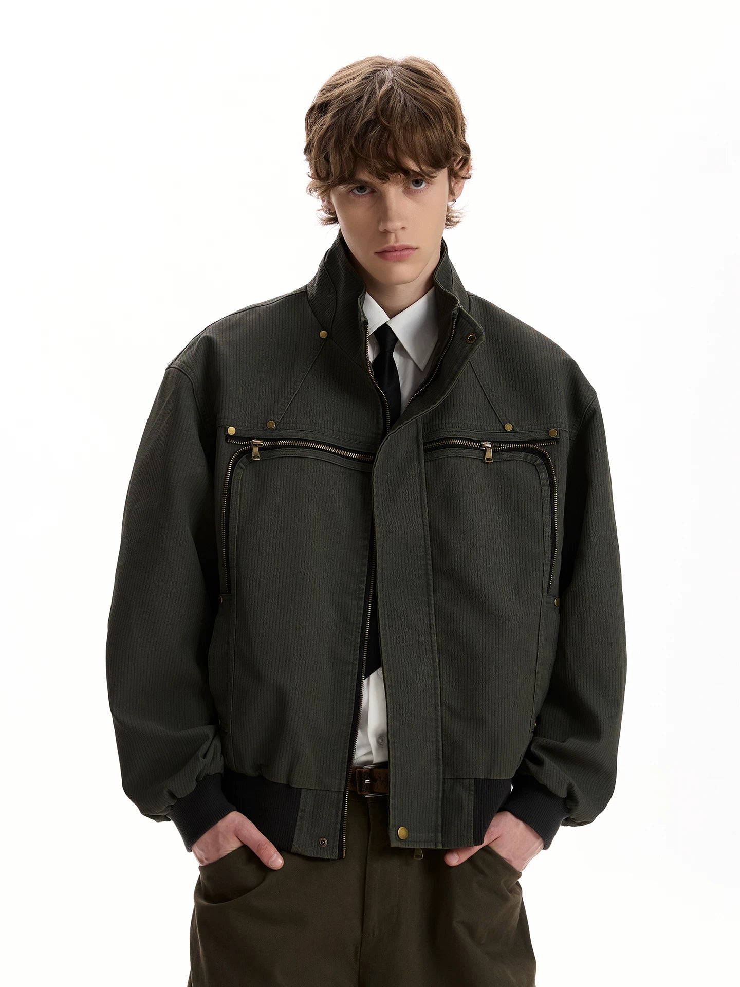 American retro zipper sense of design stand collar jacketcleanfit distressed shortworkwearoutwear  SIN052