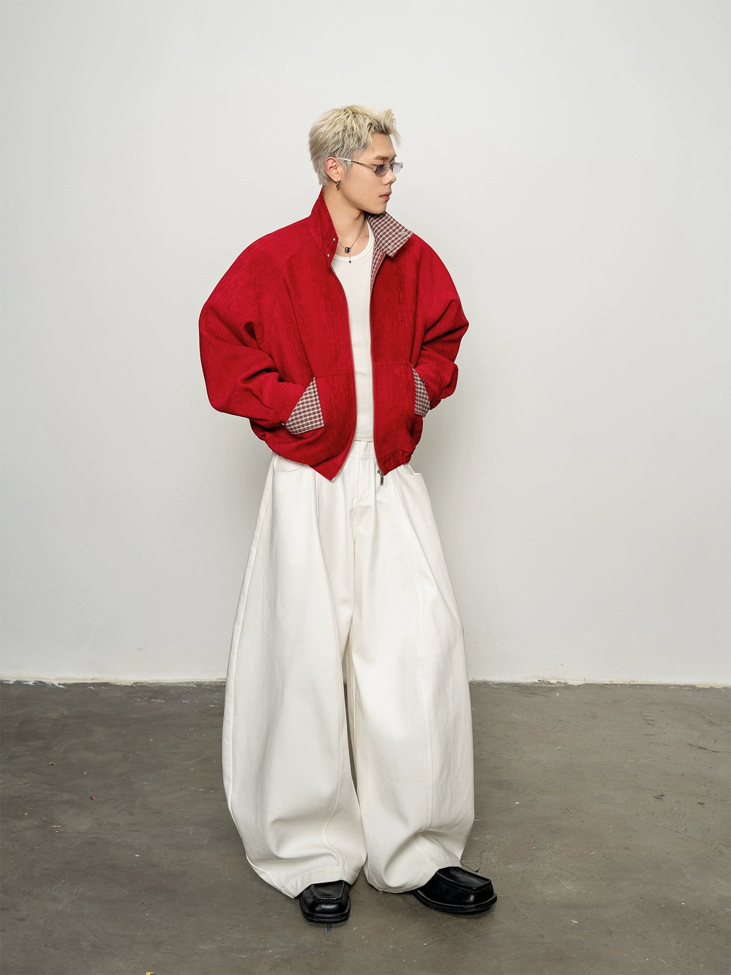 贵气光泽感红丝绒撞色格纹高领外套挺阔美式短款夹克上衣