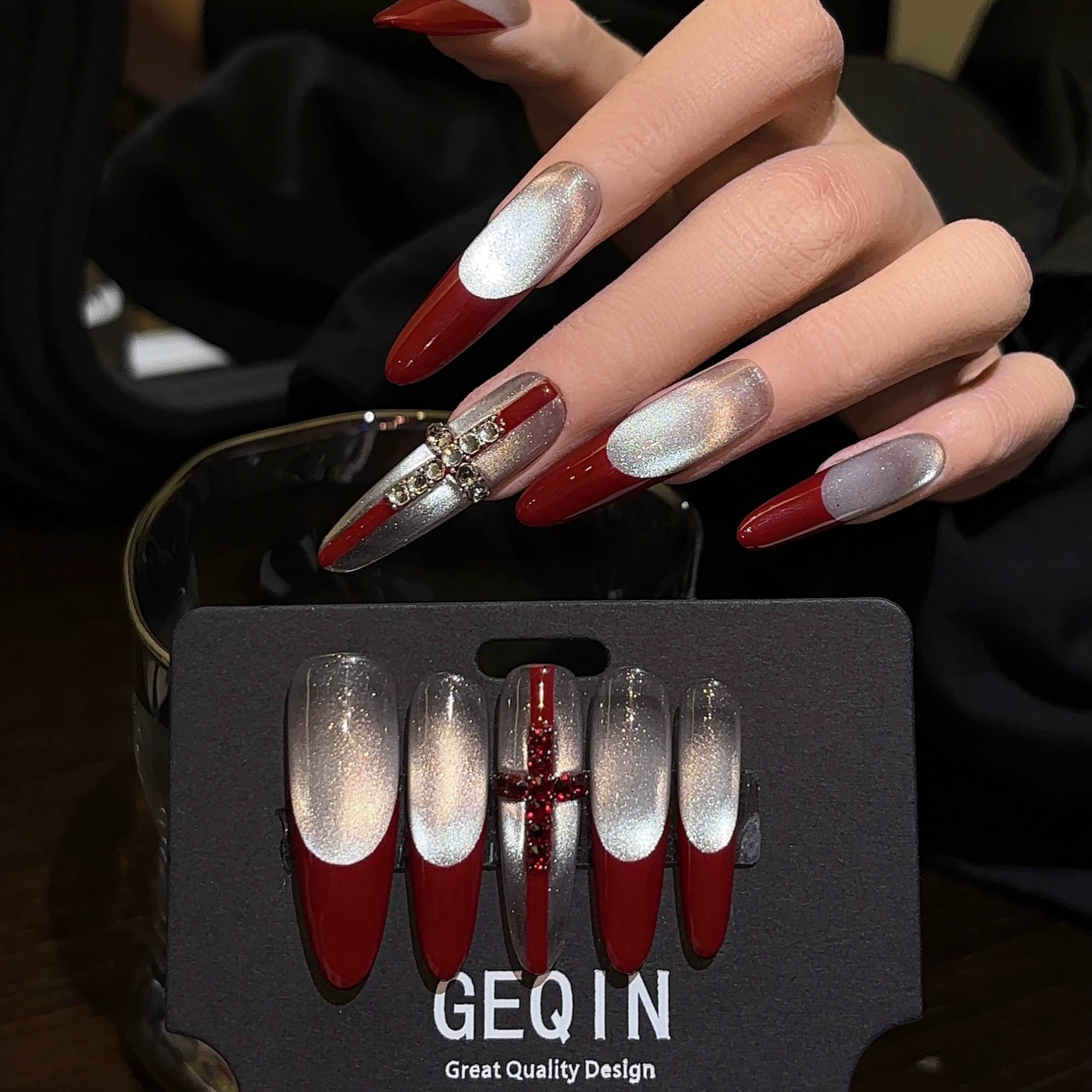 Alpha Red Classic French Glitter Cat-Eye Press-On Nails with Luxury Cross Charms
