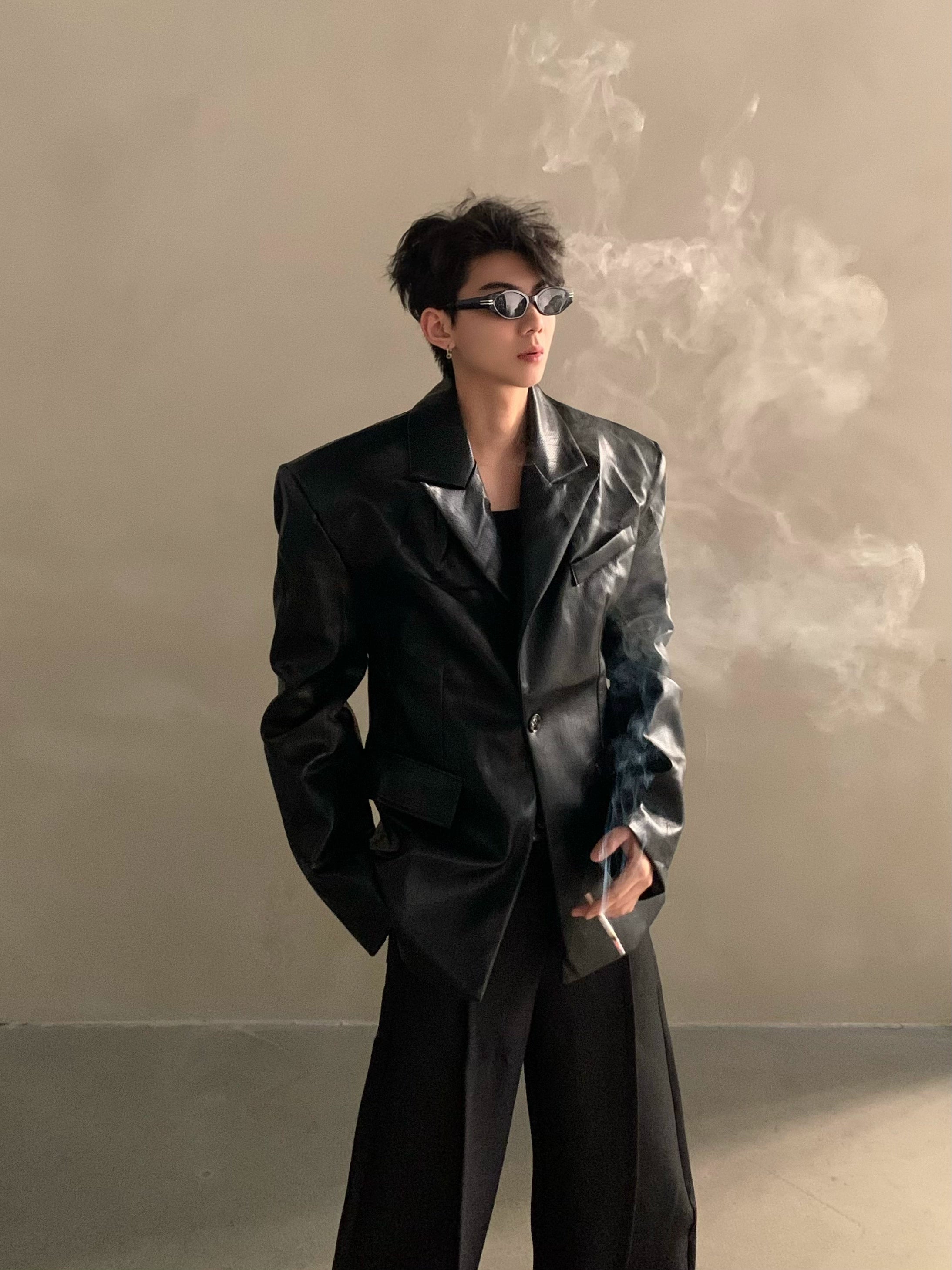 Autumn and winter niche high-end silhouette shoulder pads pu leather jacket men's light luxury ruffian handsome suit jacket