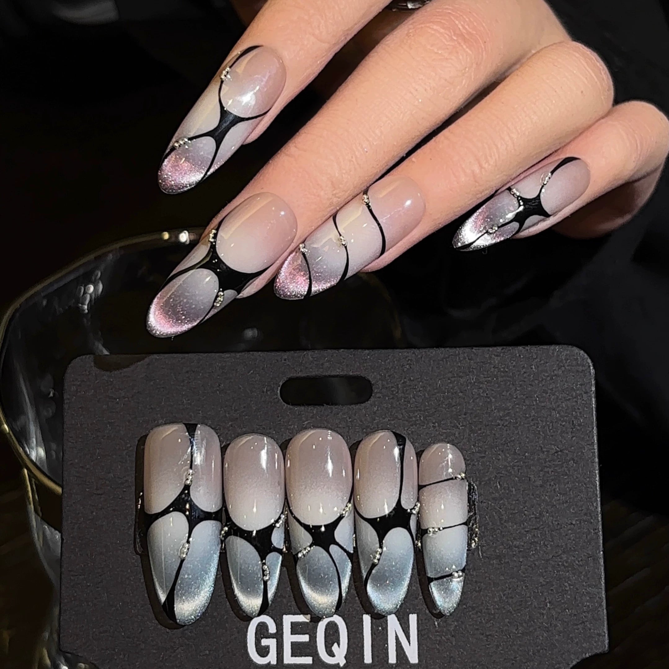 Mint Lychee French Shimmer Opal Cat-Eye Nails Hand-Painted Mismatched Lines Handcrafted Press-On Nails