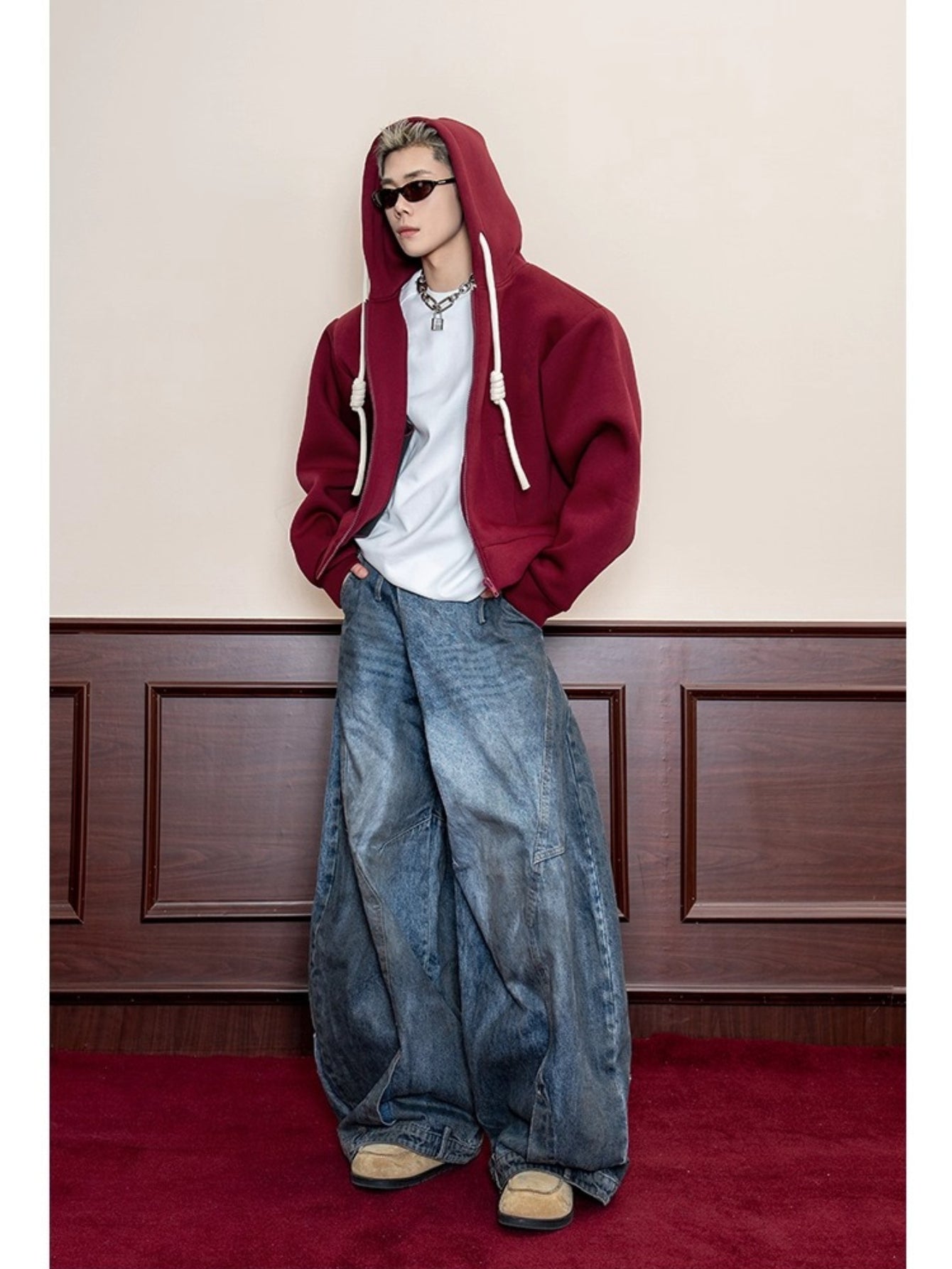 Handmade braided rope solid color hooded American casual sweater men's spring 500g heavy loose cardigan jacket