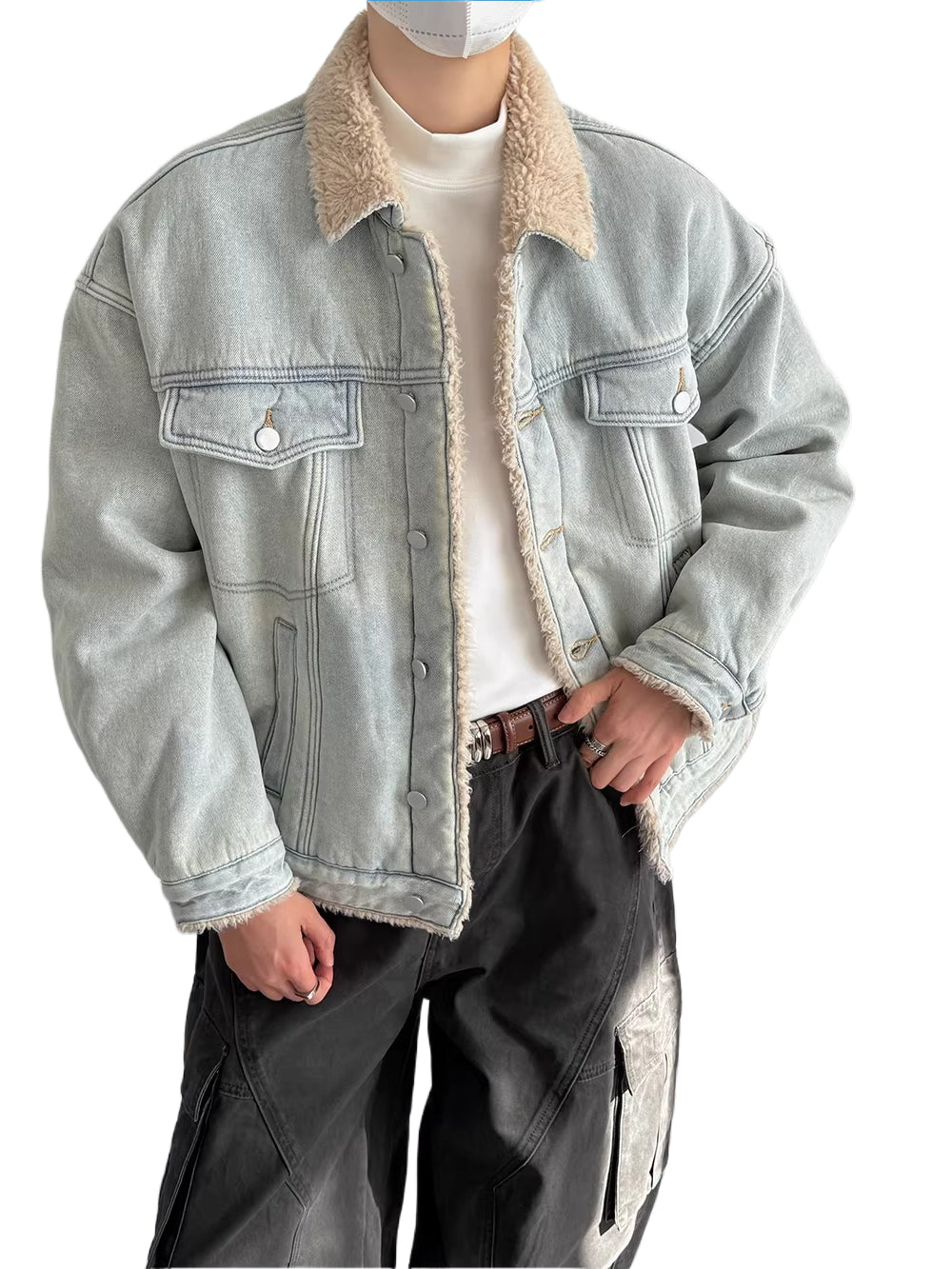 High-end lapel contrast color denim cotton coat SIN0836