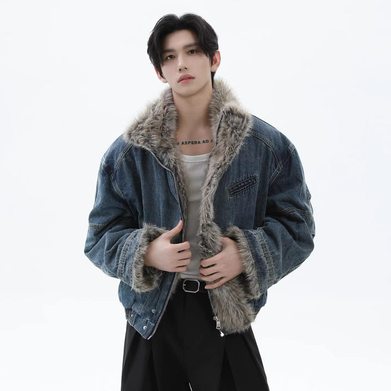 Retro deconstructed mountain eagle fur collar denim cotton outwear SIN0853