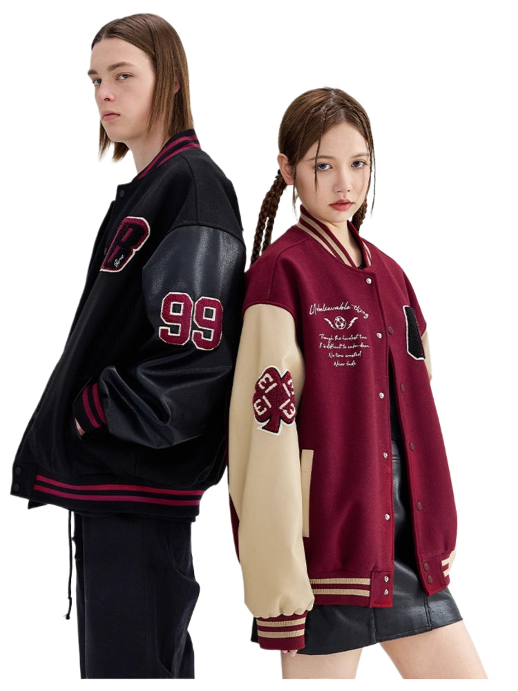 Super fire American retro burgundy baseball jacket men's and women's splicing trendy jacket