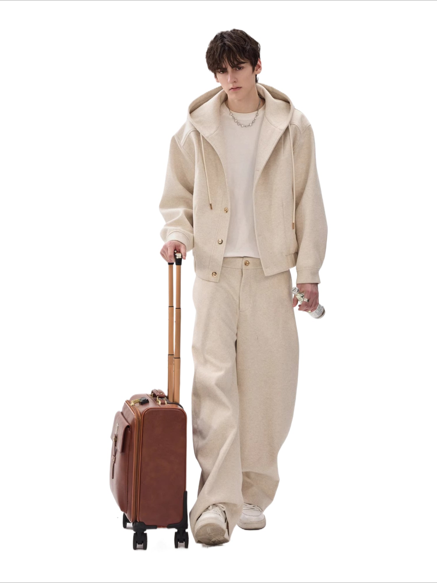 男装高级感金色扣连帽呢料套装时尚男士穿搭一整套