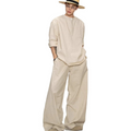 Linen-textured breathable cotton-linen long-sleeve henley shirt and loose-fitting wide-leg pants casual set