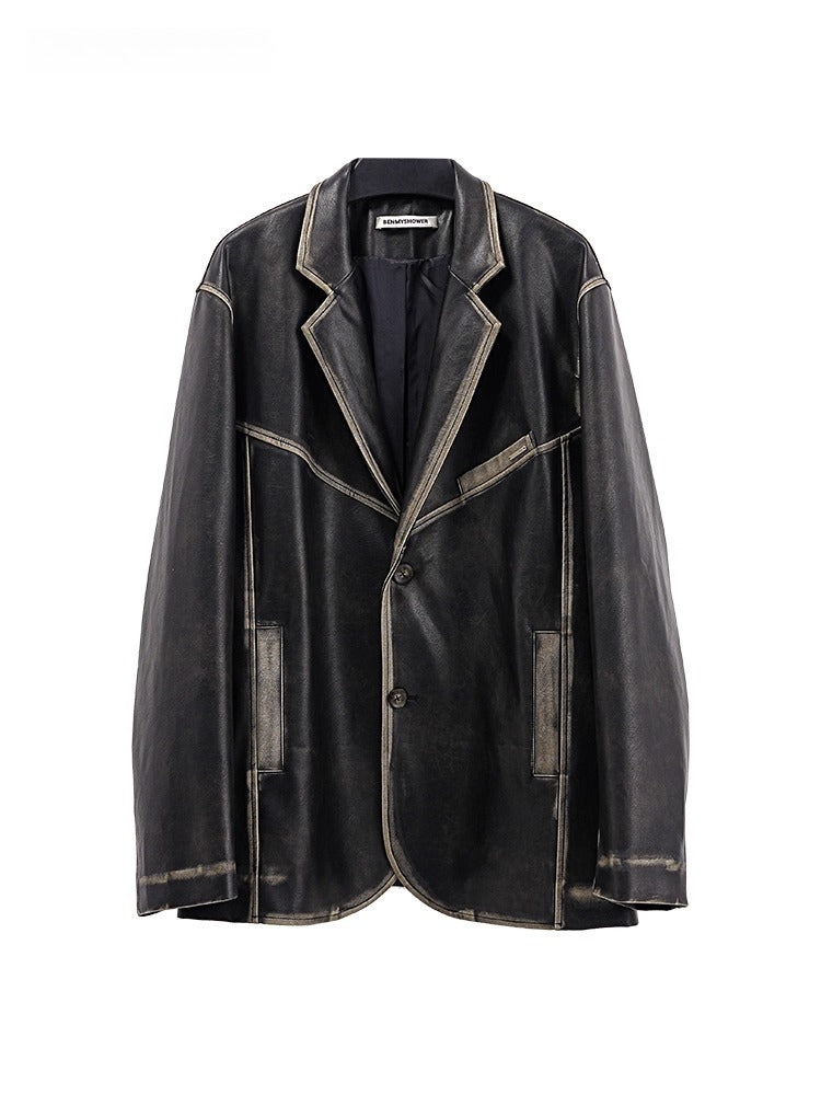 American retro polished leather jacket suit for men and women, black trendy jacket