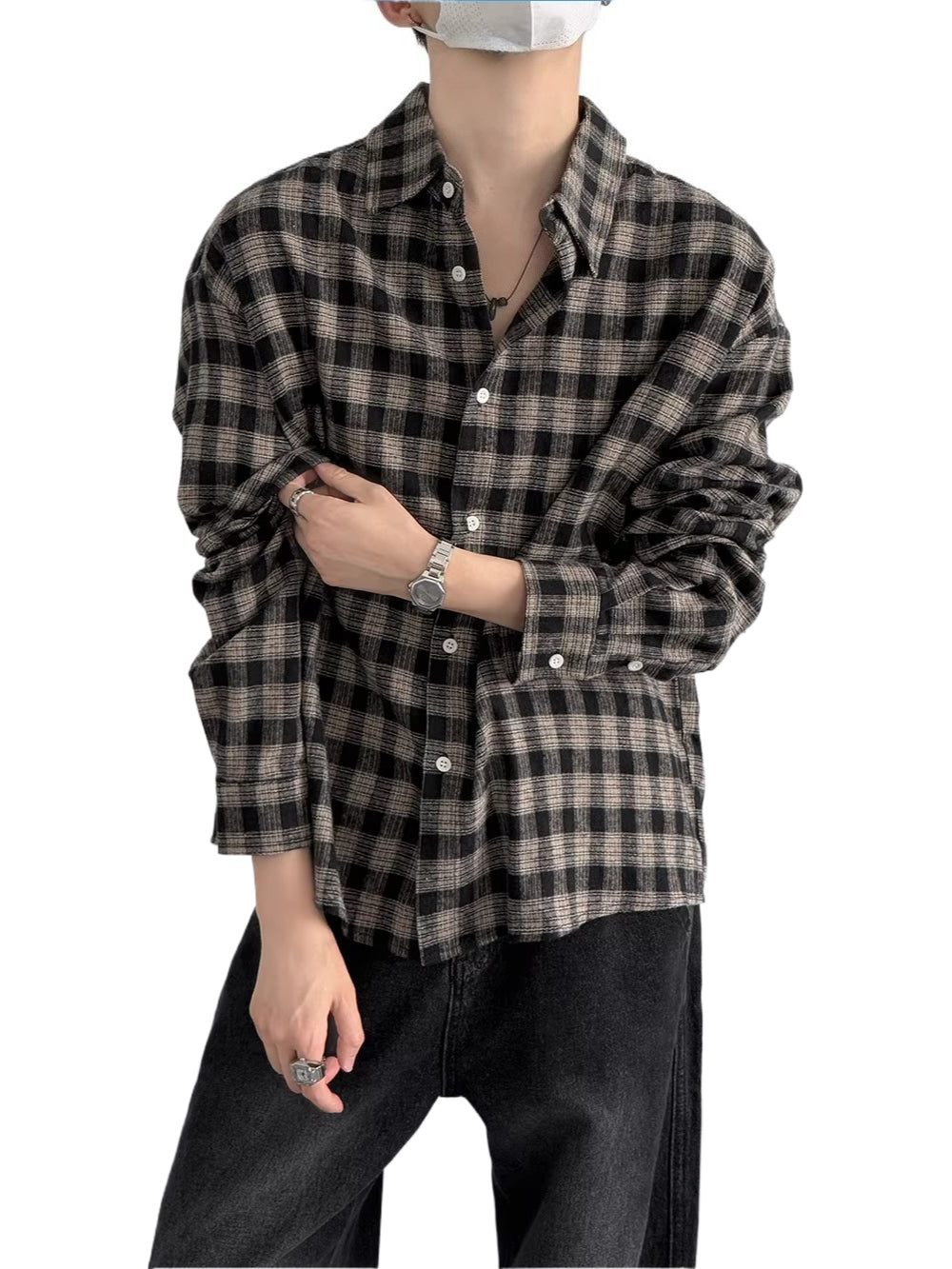 Classy retro black and gray plaid long sleevesshirt  SIN0838