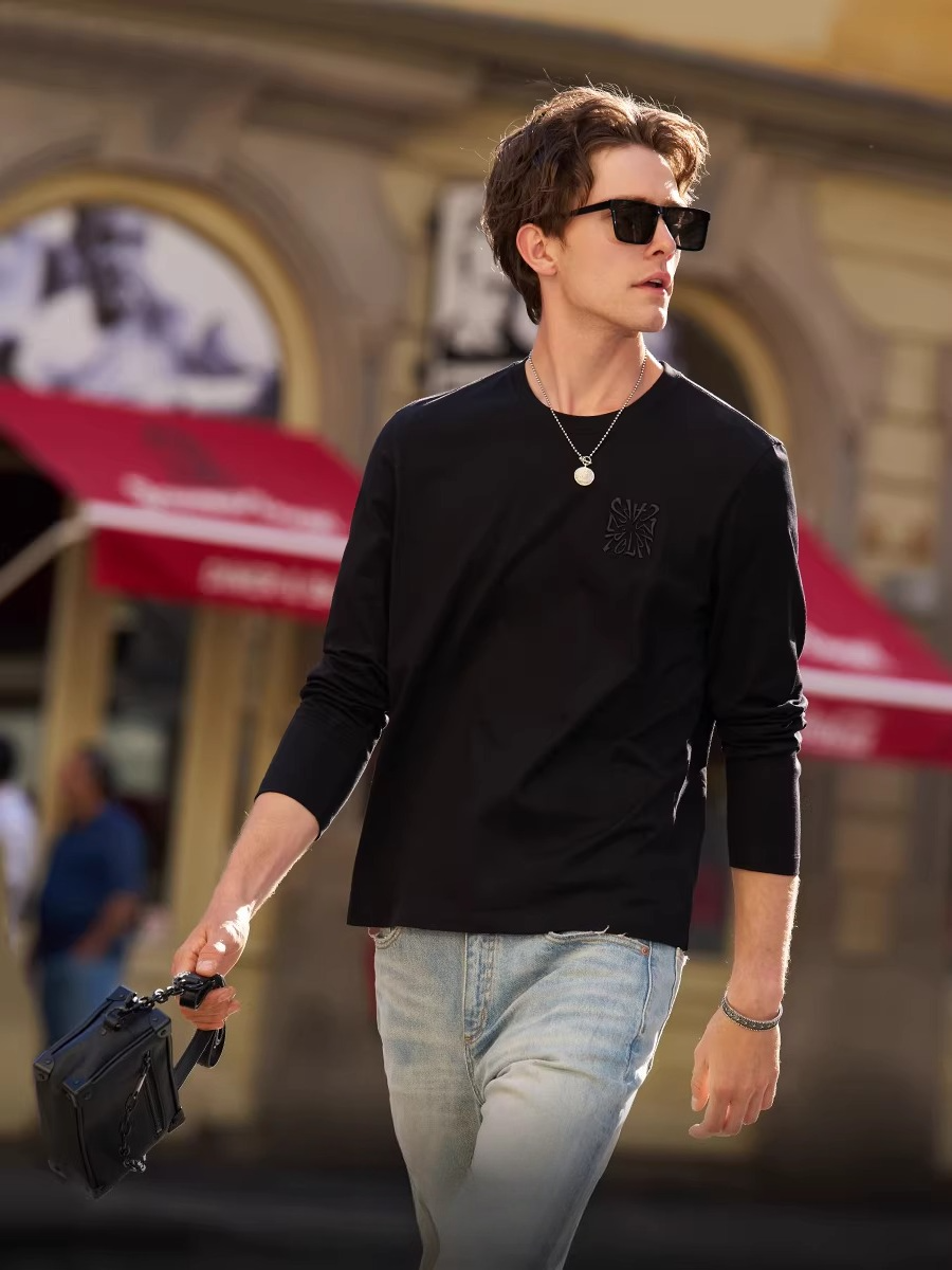 Black long-sleeved new t-shirt men's top T-shirt bottoming shirt crew neck WY033