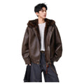 American hip-hop lychee pattern PU seat mountain carving cotton-padded coat men's trendy brand loose plush hooded leather jacket SIN0899