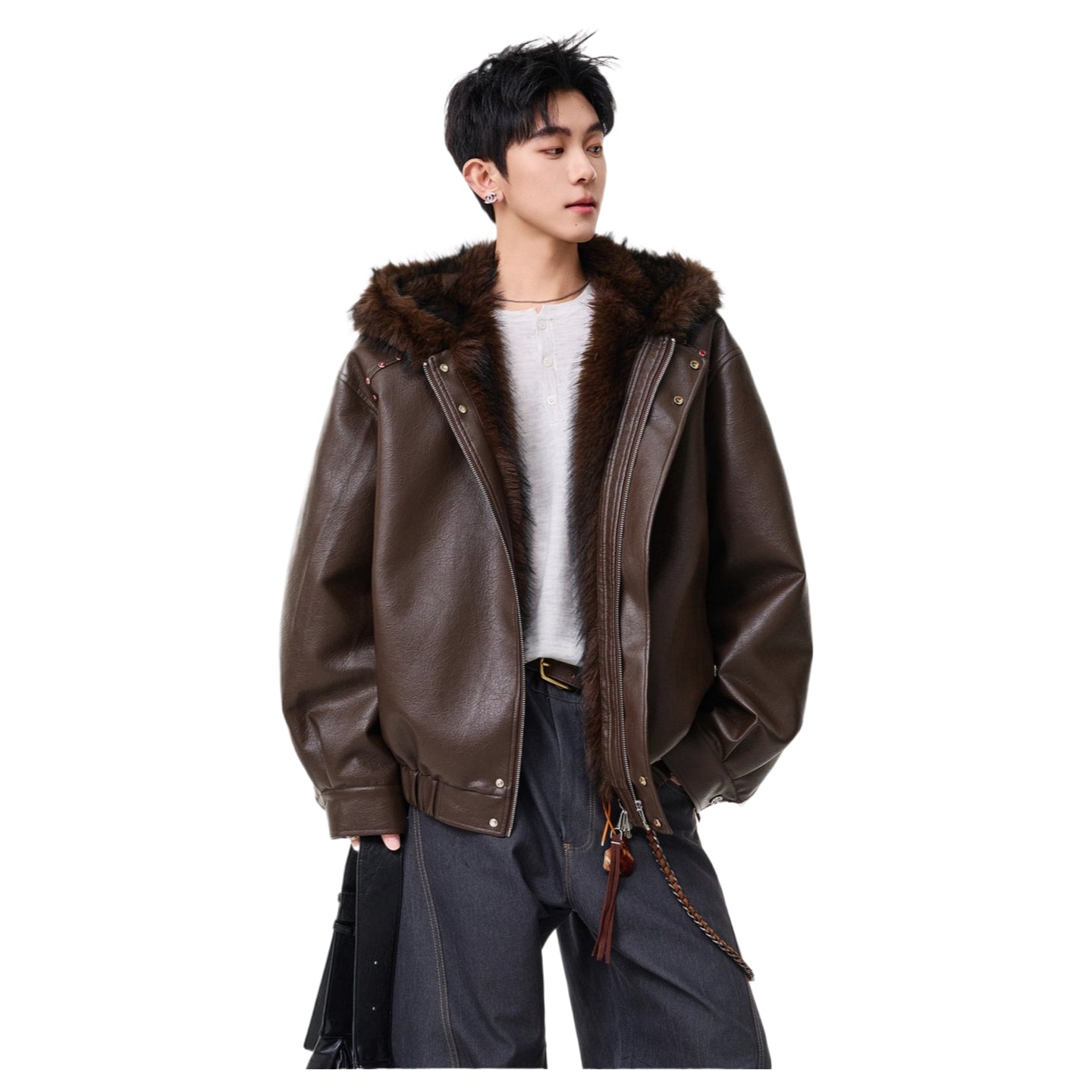 American hip-hop lychee pattern PU seat mountain carving cotton-padded coat men's trendy brand loose plush hooded leather jacket SIN0899