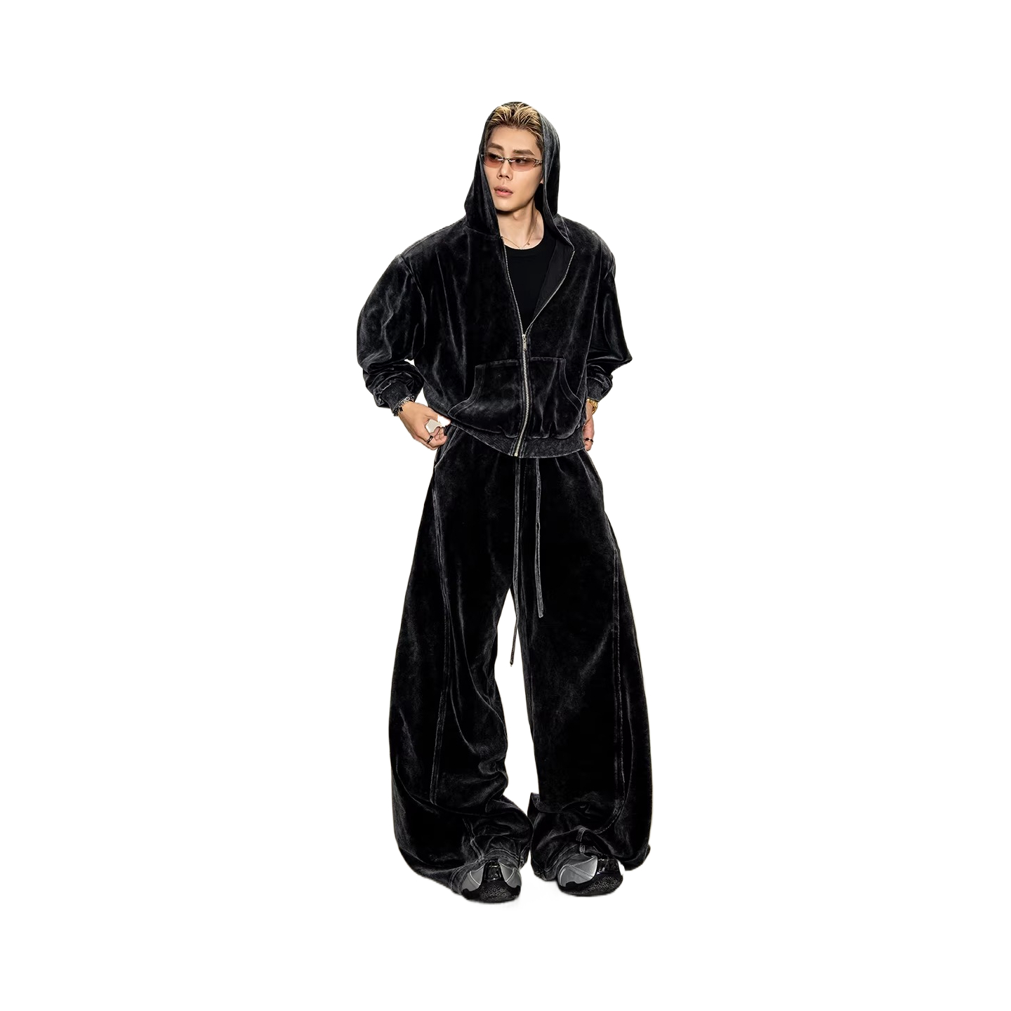 Velvet washed short shoulder pads hooded sweatshirtoutwearloosestraight-legcasual pants suit