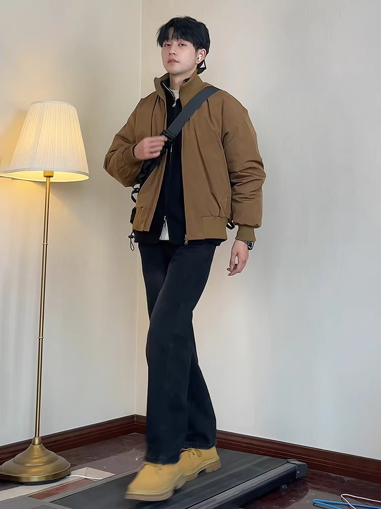 Brown maillard flight jacket men's classy handsome american short outwear stand collar silhouette workwear baseball uniform