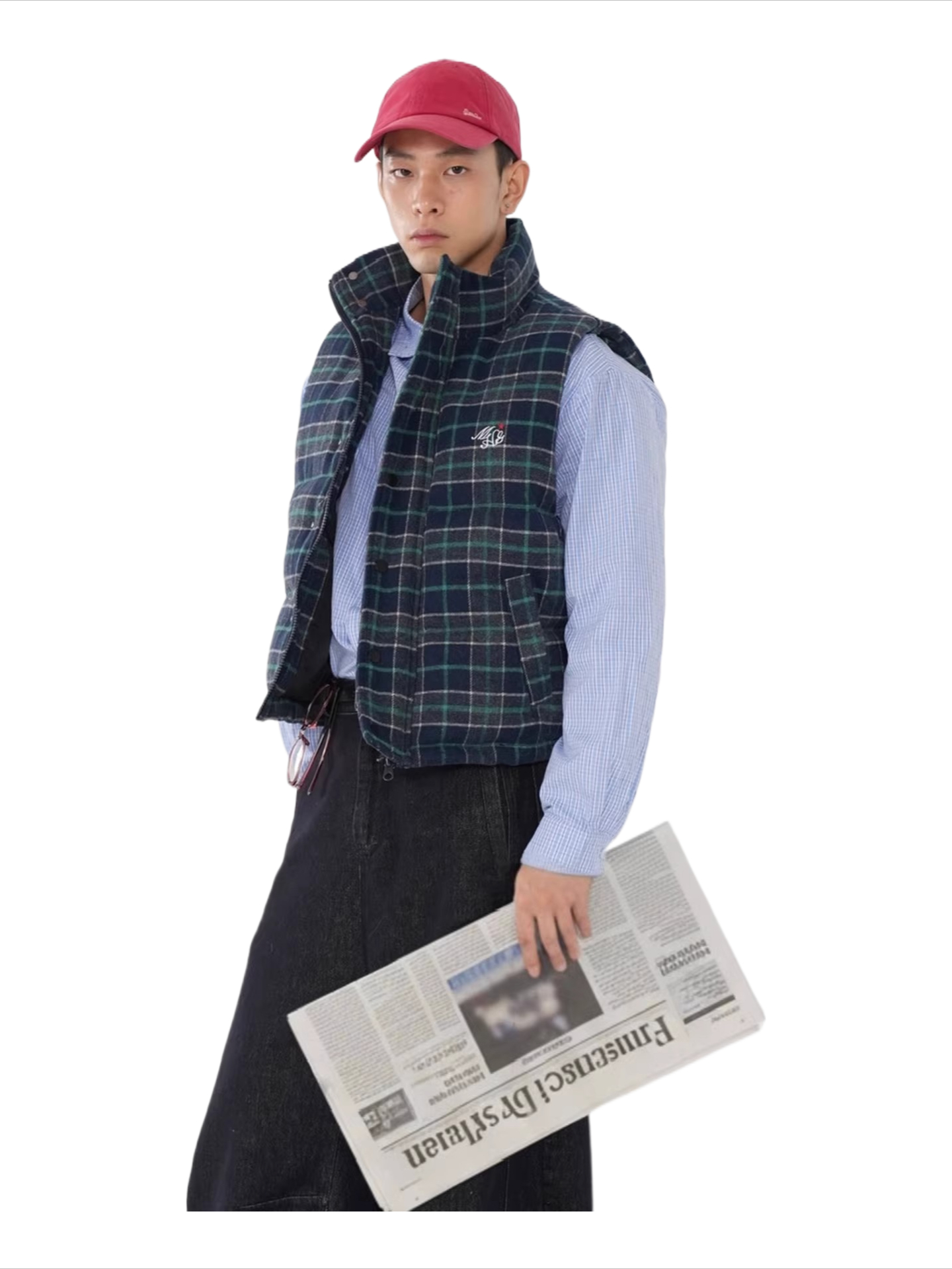 Streetwear american retro plaid embroidered cotton vest  SIN0871