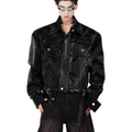 Original niche crocodile pattern shoulder pad pu leather jacket patchworksense of designoutwearclassytopsmen