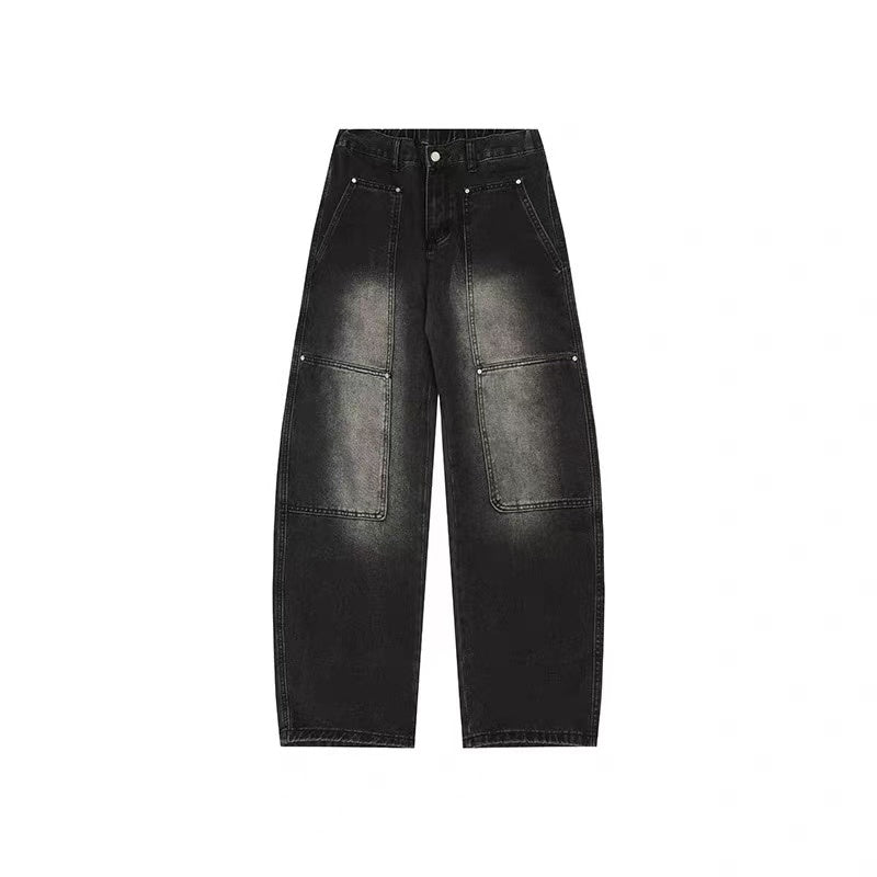 American retro baggy jeans men's 2025 new high street ruffian handsome splicing loose straight wide-leg pants