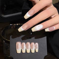 Handmade, blush pink cat-eye glass beads, milky white french classic, versatile everyday press-on nails  SYL002