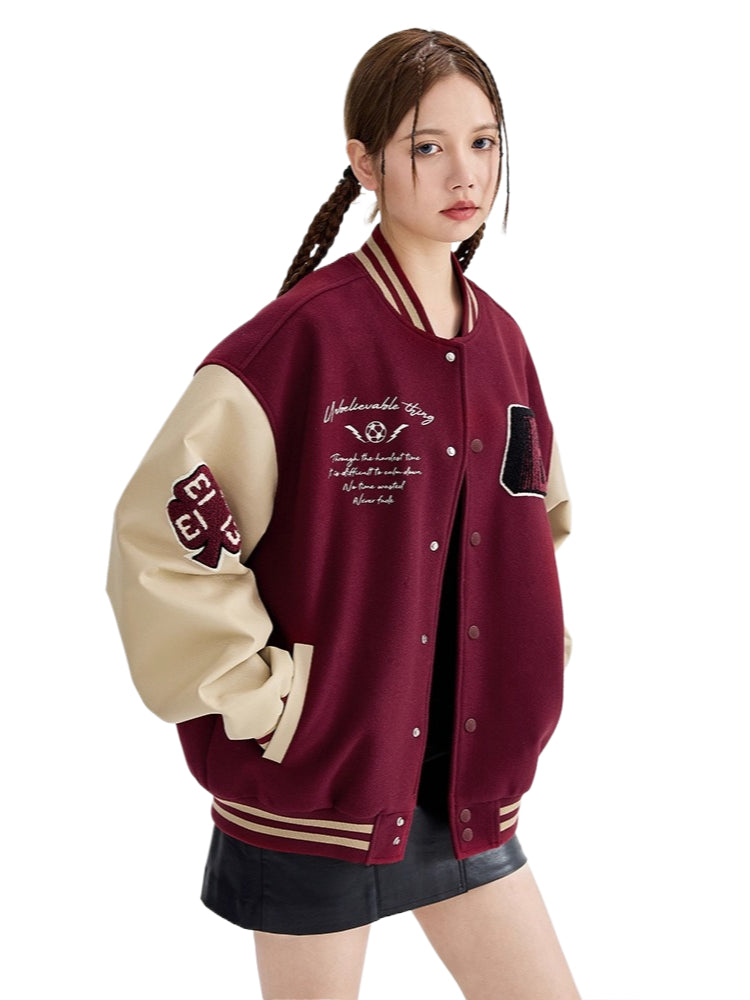 Super fire American retro burgundy baseball jacket men's and women's splicing trendy jacket