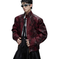 Niche style blood python texture leather jacket with gem embellishment stand collar shortjacketoutwear autumn