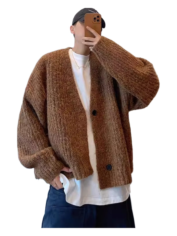 Retro loose heavy mixed color short wide thick thread knitted cardigan sweater jacket SIN0808