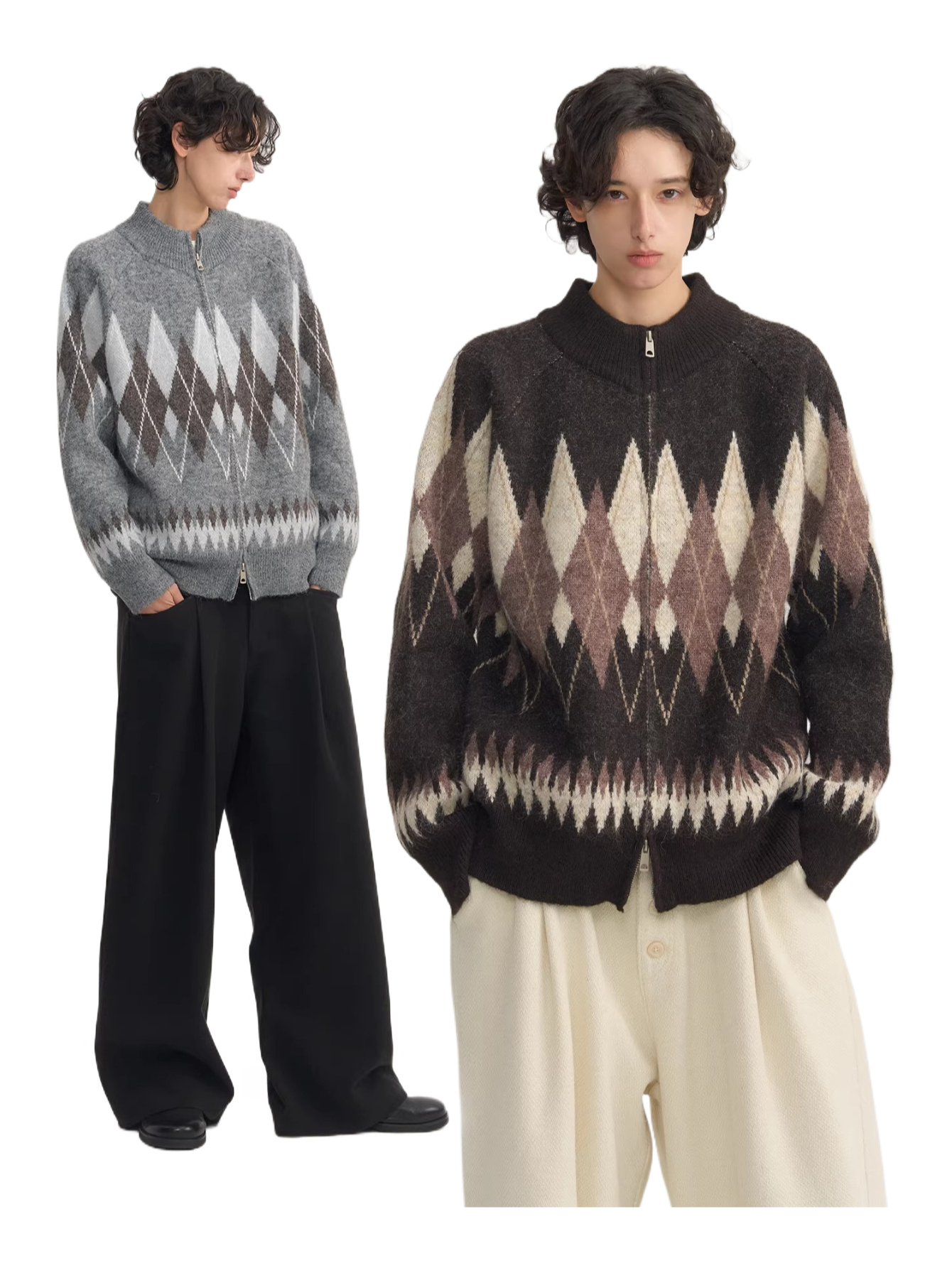 Alpaca long hair diamond quilted zip-up turtleneck fair isle sweater  SIN0887