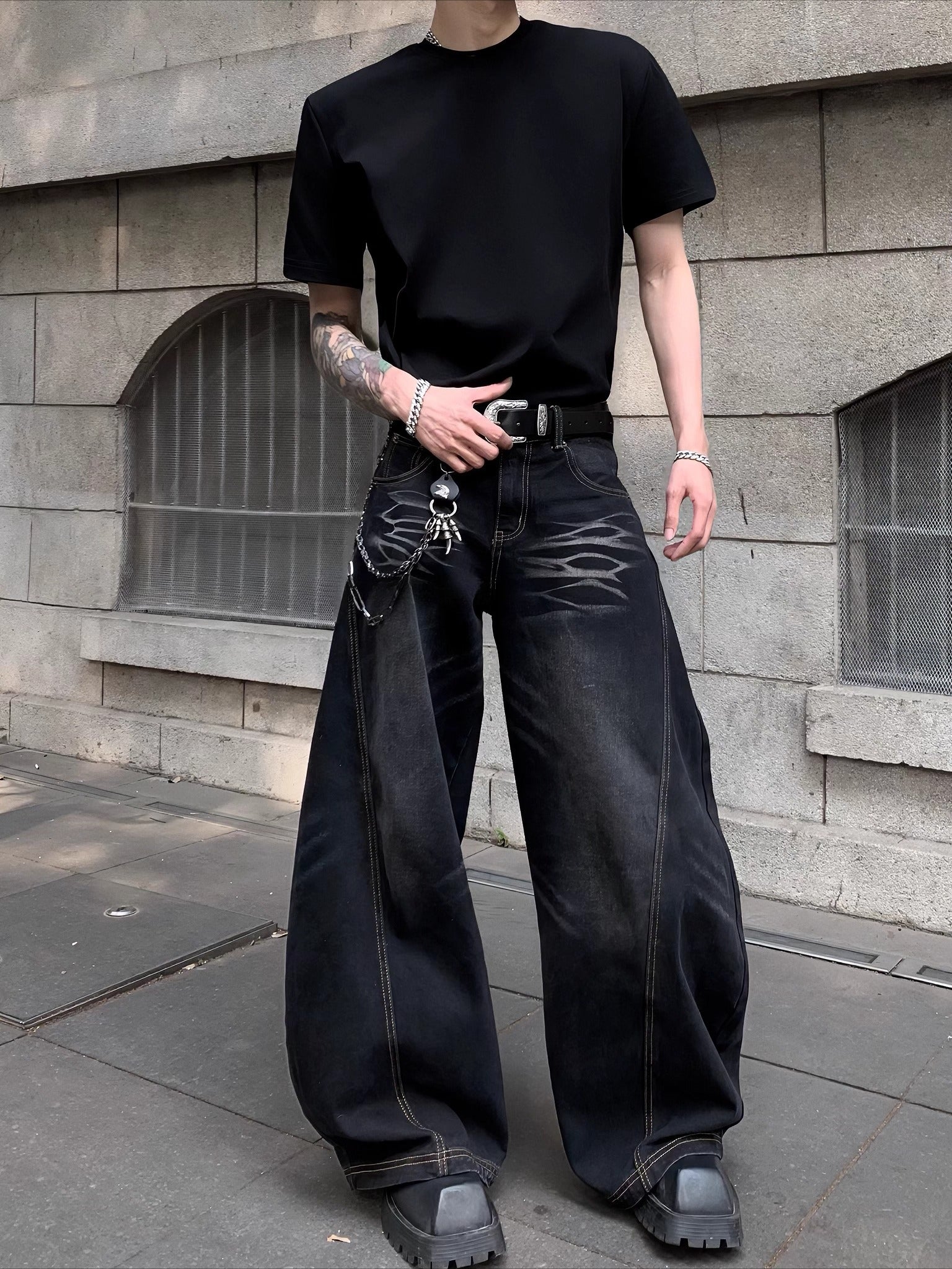 American high street lazy relaxation scimitar pants men's design sense cleanfit jeans high sense