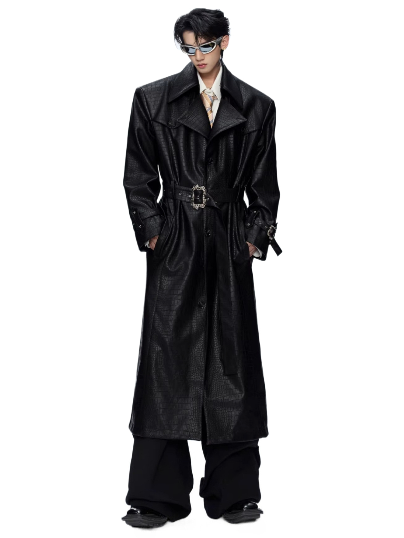Niche style deconstructed crocodile pattern wide shoulder leather coat metal design waist over the knee long windbreaker