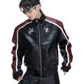 Rafa - heavy embroidered shield logo color block leather biker jacket, short & wide retro style