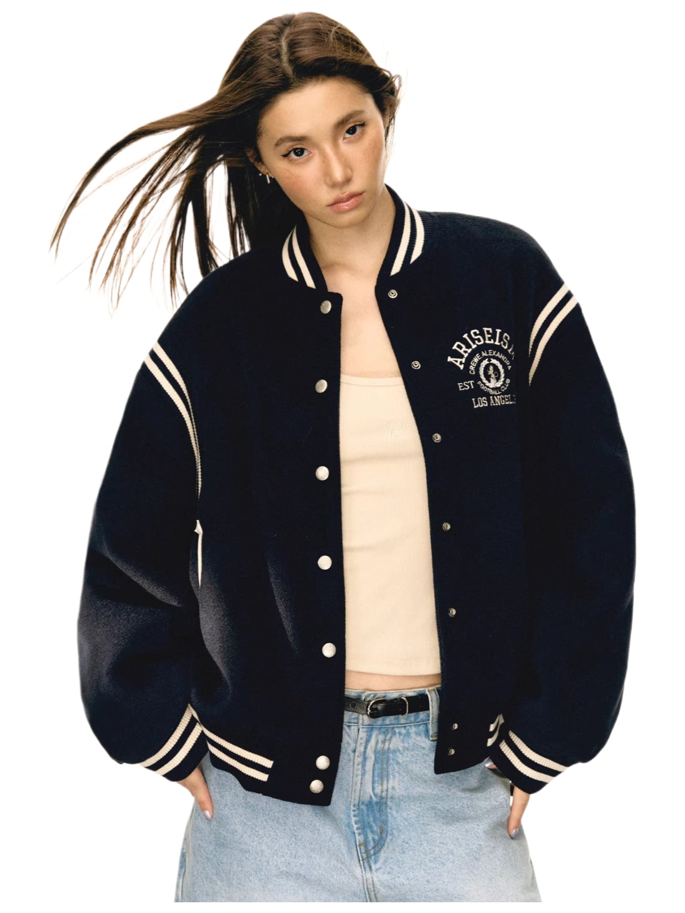 American retropreppy stylepatchwork baseball uniform outwear women's cotton jacket　WY005